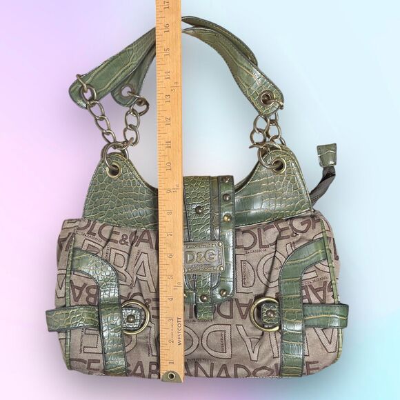 Dolce&Gabbana Shoulder Bag Designer Purse Brown Fabric w/ Green Textured Leather - Picture 12 of 13
